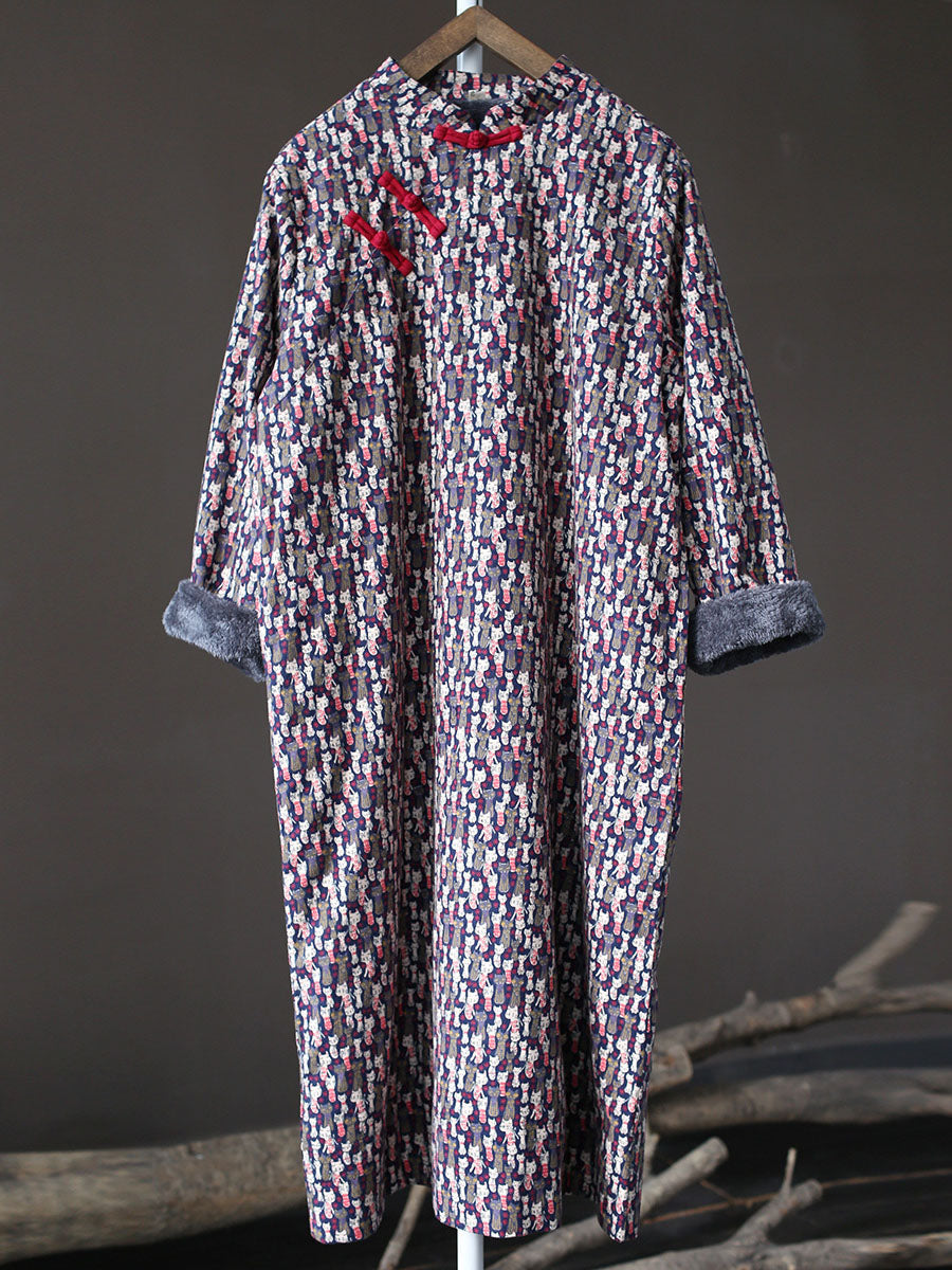 Women Winter Chinese Floral Print Frog Thick Long Dress