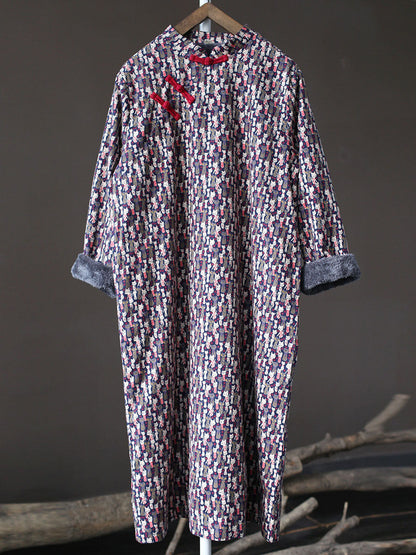 Women Winter Chinese Floral Print Frog Thick Long Dress