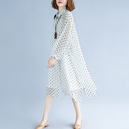 bohemian style white maxi dresses Turn-down Collar long sleeve prom dress dotted baggy dresses maxi dress