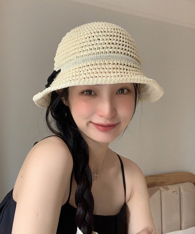 Summer Camel Hollow Bow Bow Large Eave Sunshade Bucket Hat