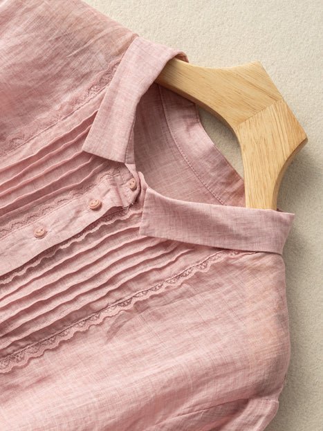 Solid Color Short Sleeve Casual Linen Pleated Top