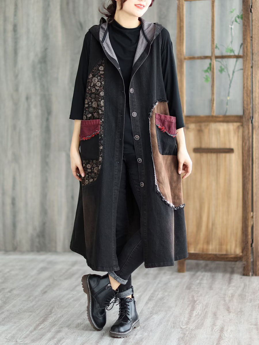 Women Vintage Patchwork Button Pocket Hooded Denim Vest