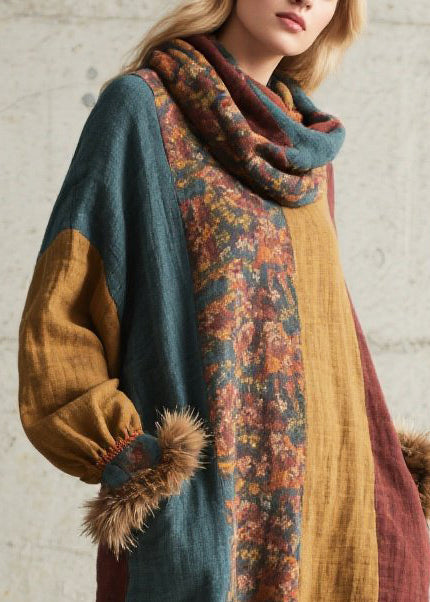 Handmade Mixed Color Oversized Patchwork Faux Fur Holiday Dress Fall