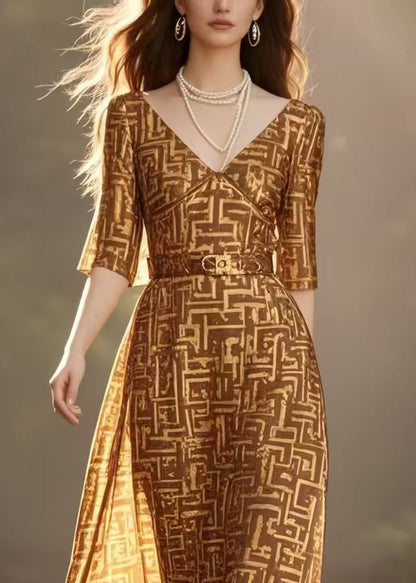 Plus Size Brown Cinched Print Chiffon Long Dress Half Sleeve
