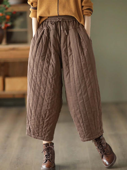 Women Striped Solid Pocket Elastic Waist Harm Pants