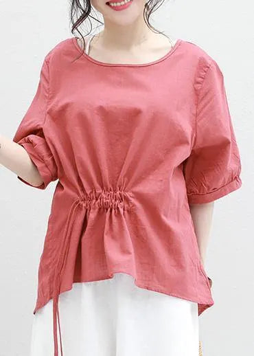 Bohemian half sleeve linen tunic top red drawstring loose top summer