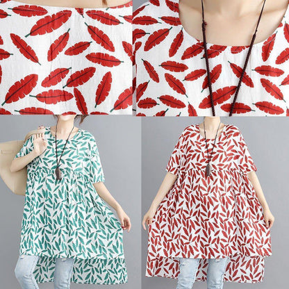 Handmade o neck asymmetric cotton linen dresses green print Dresses summer