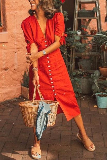 Casual Vacation Button Knot Sleeve Dress