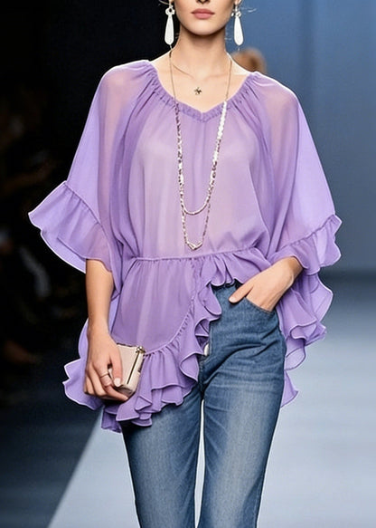 Women Purple Ruffled Solid Chiffon Shirt V Neck Half Sleeve