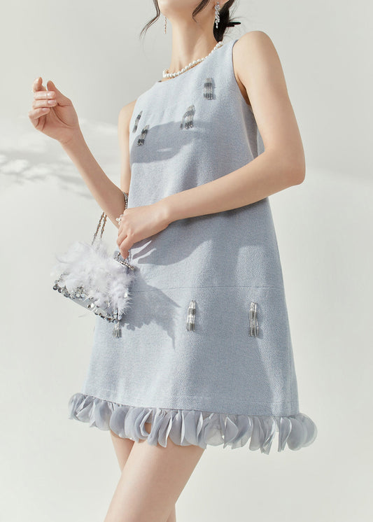 Elegant Blue O-Neck Patchwork Nail Bead Mid Dresses Sleeveless