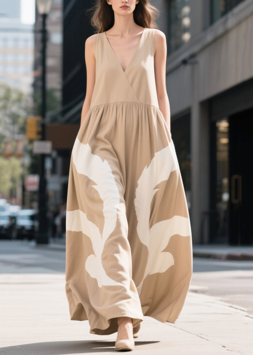 Boho Khaki V Neck Print Cotton Ankle Dress Summer