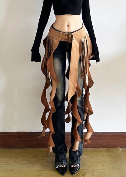Chic Brown Patchwork Wavy Line Tassel Ribbon Sashes Skirt