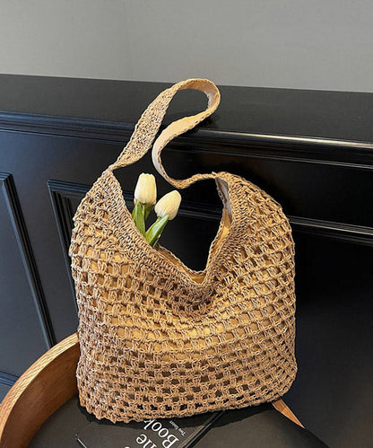 Handmade Khaki Hollow Out Straw Woven Holiday Shoulder Bags