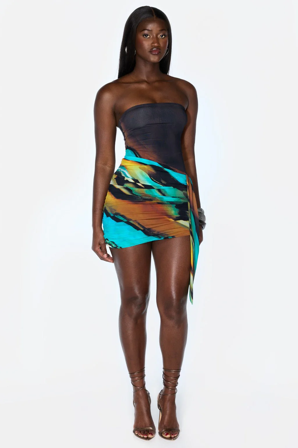 Art Print Strapless Side Draped Bodycon Mini Skirt