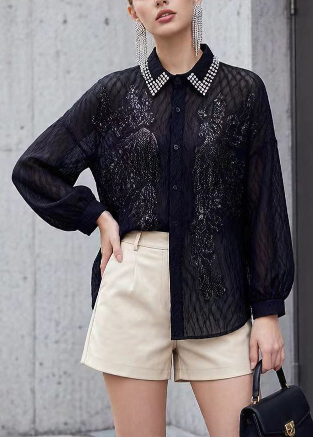 New Black Peter Pan Collar Nail Bead Sequins Shirt Tops Spring