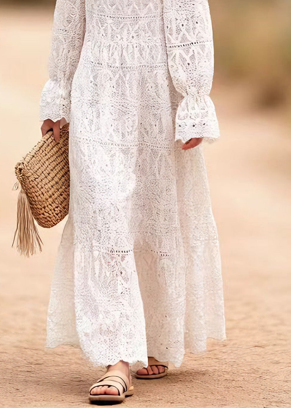 Women O Neck Embroidered Hollow Out Lace Long Dresses Spring