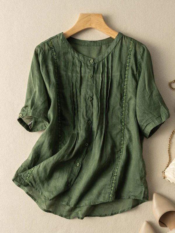 Pure Color Round Neck Short Sleeve Casual Linen Top