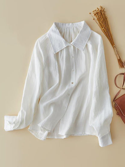 100% Linen Lapel Casual Loose Shirt In One-Size In Solid Color