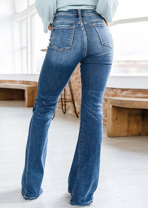 Fine Blue Pockets Original Design Denim Flared Trousers Spring