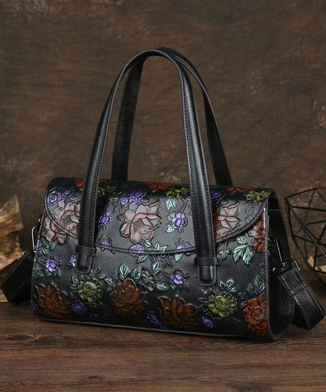 New Retro Black Embossed Calf Leather Tote Bag