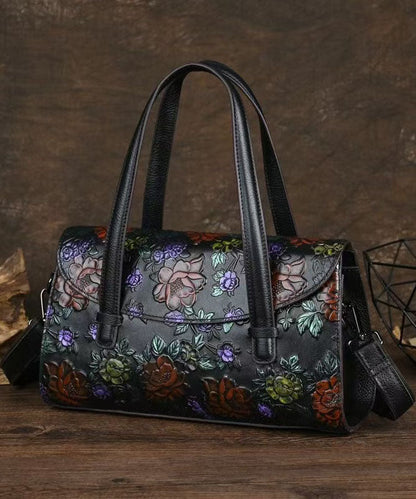 New Retro Black Embossed Calf Leather Tote Bag