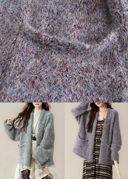 Loose Grey V Neck Pockets Solid Knit Cardigans Spring