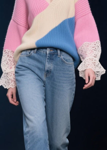 DIY Rose Asymmetrical Patchwork Lace Knit Tops Winter