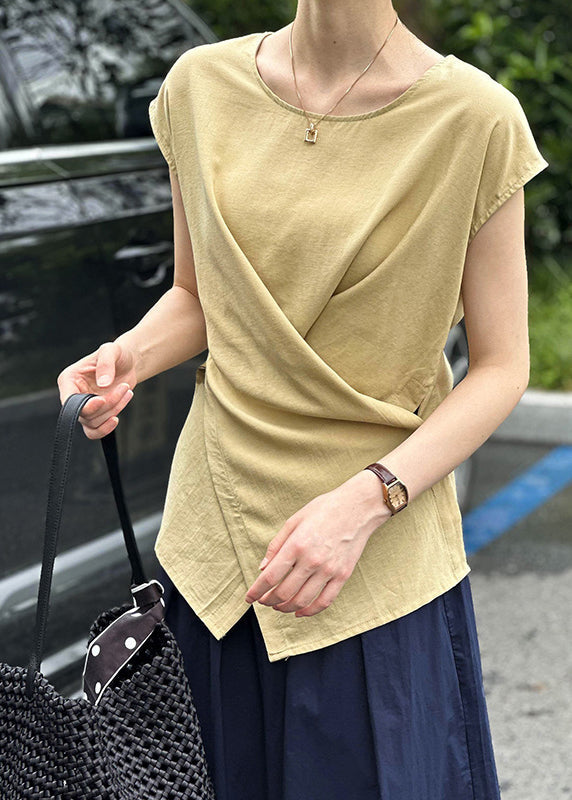 Fine Yellow Asymmetrical Solid Top Short Sleeve