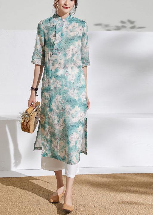 Classy stand collar half sleeve linen summer dresses Outfits green print Dress
