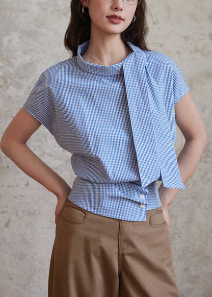 Art Blue Plaid Bow Cotton Blouses Summer