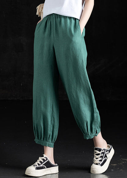 Casual Grass Green Pockets Elastic Waist Linen Crop Pants Fall