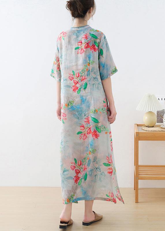 Casual Blue Print Oriental Dresses Summer Ramie