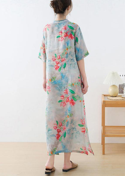 Casual Blue Print Oriental Dresses Summer Ramie