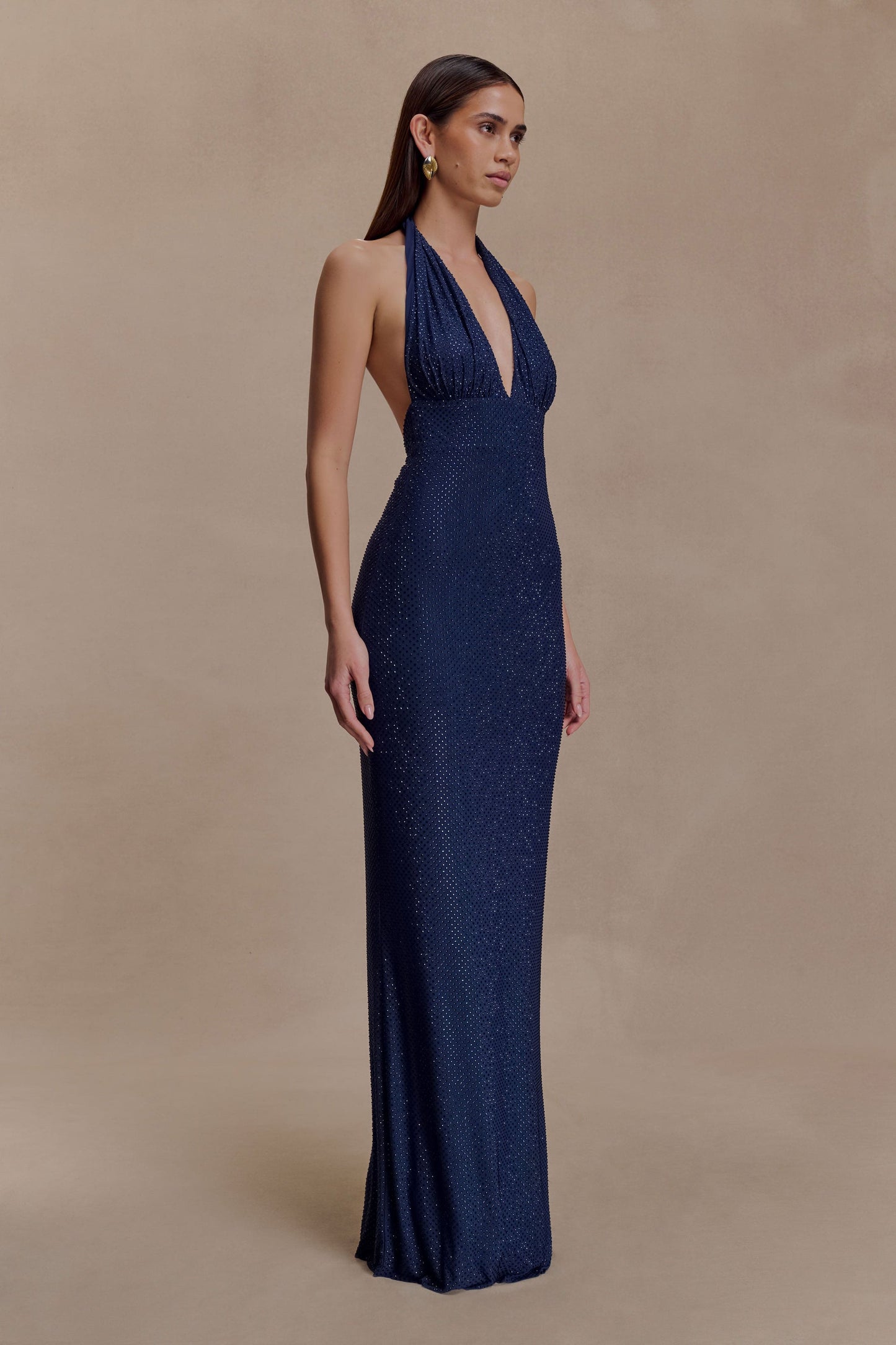 Navy Blue Halter Neck Sparkle Maxi Gown