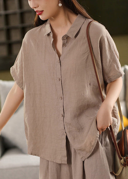 Black Button Solid Linen Summer Blouses Peter Pan Collar