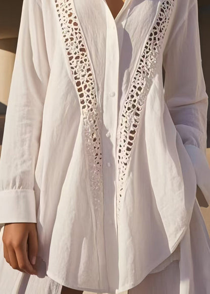 Chic White Oversized Patchwork Hollow Out Cotton Shirts Spring