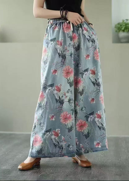 Bohemian Oversized Floral Print Denim Wide Leg Pants Summer
