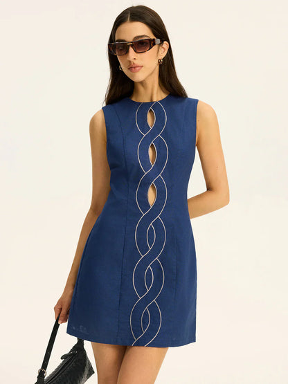 Linen & Cotton Cut-Out Contrast-Stitch Mini Dress