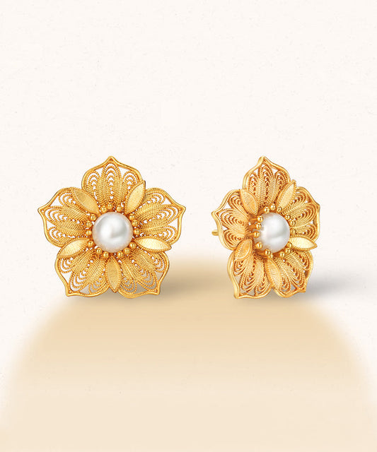 Original Design Gold Sterling Silver Overgild Pearl Hollow Out Stud Earrings
