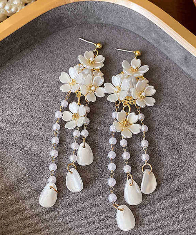 Modern White Copper Alloy Floral Tassel Drop Earrings