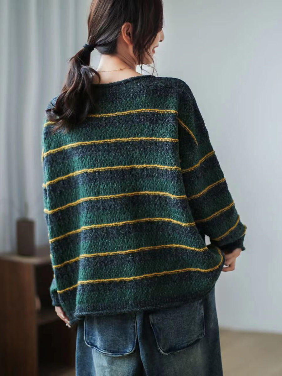 Women Striped Long Sleeve Vintage Loose Sweater