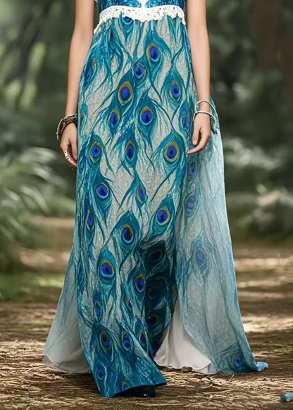 Beautiful Peacock Blue Print Chiffon Strapless Dress Summer