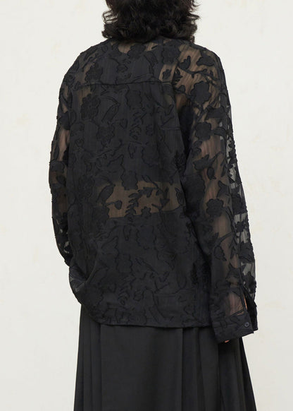 Vintage Black V Neck Floral Tie Waist Lace Top Fall