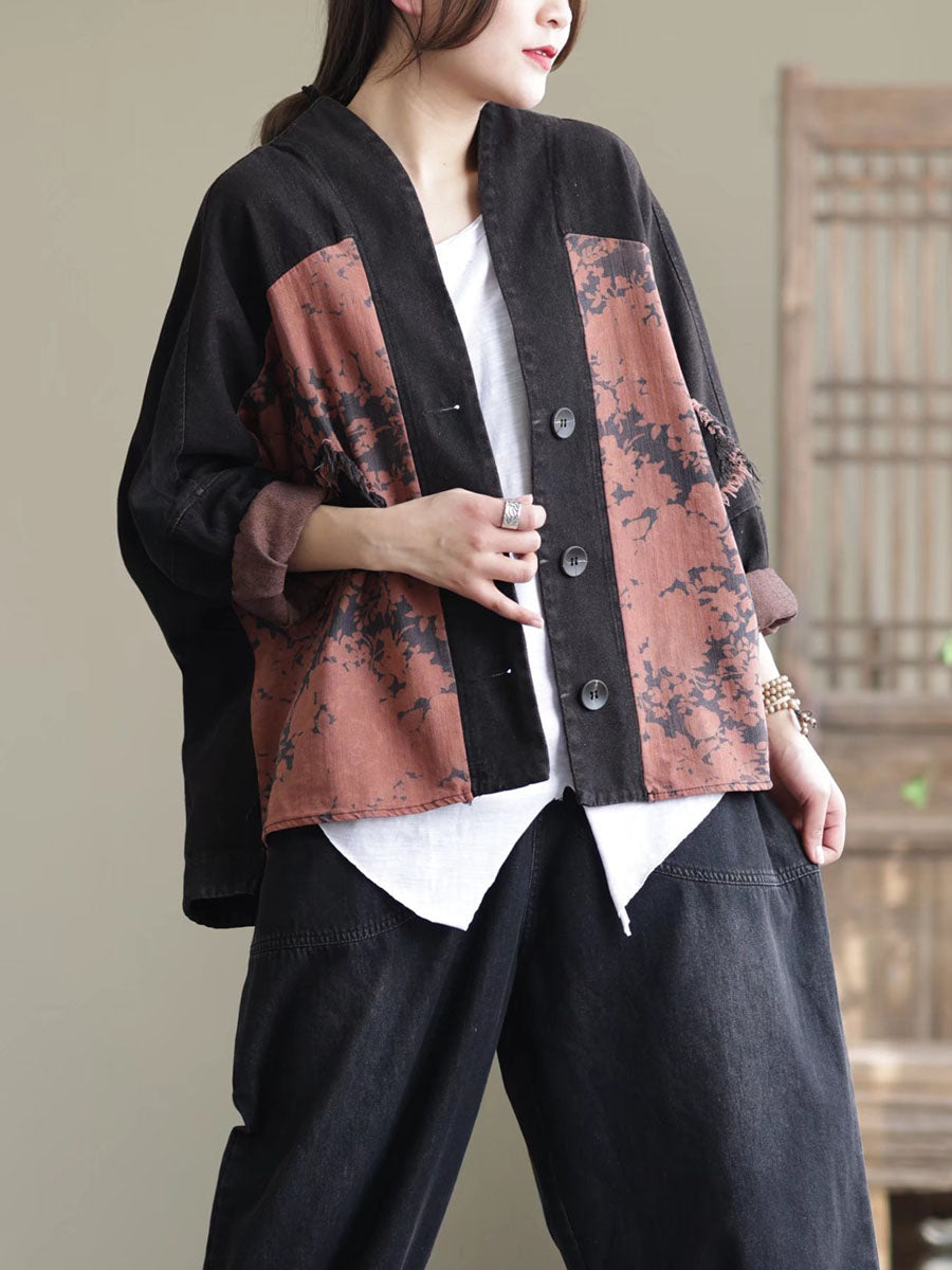 Women Spring Artsy Spliced Tie-dye Button Denim Coat