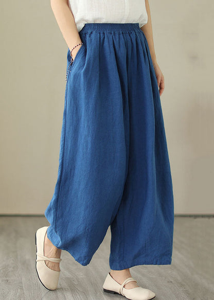 Simple Blue Wrinkled Pockets Elastic Waist Patchwork Linen Skirt Summer