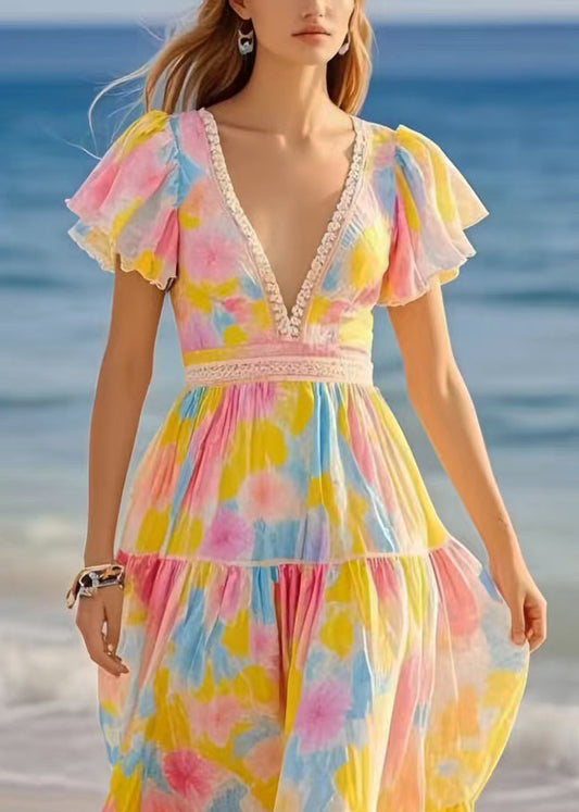 DIY Rainbow Puff Sleeve Print Chiffon Beach Dress Summer