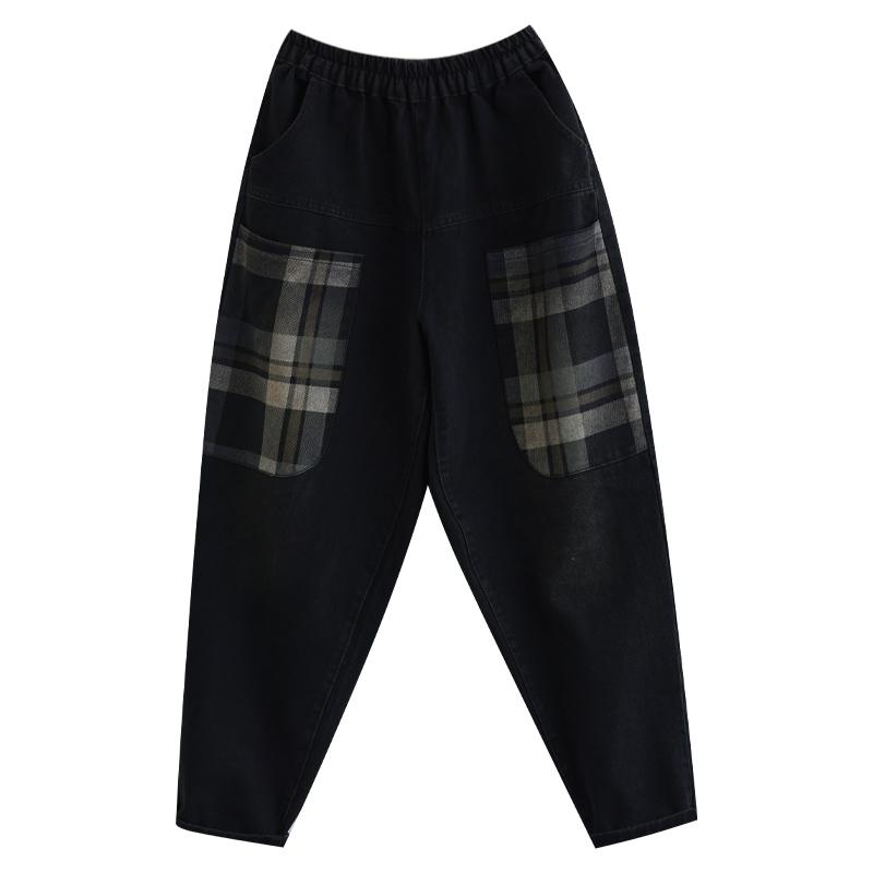 Vintage Autumn Plaid Pockets Casual Cotton Denim Pants