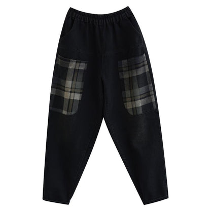 Vintage Autumn Plaid Pockets Casual Cotton Denim Pants