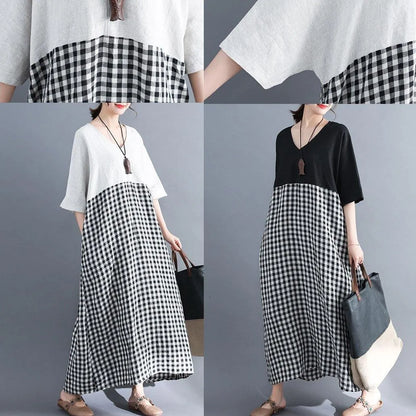 Simple white v neck cotton clothes patchwork cotton summer Dresses