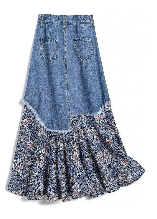 Stylish Denim Blue Asymmetrical Patchwork Print Button Pockets Maxi Skirt Cozy